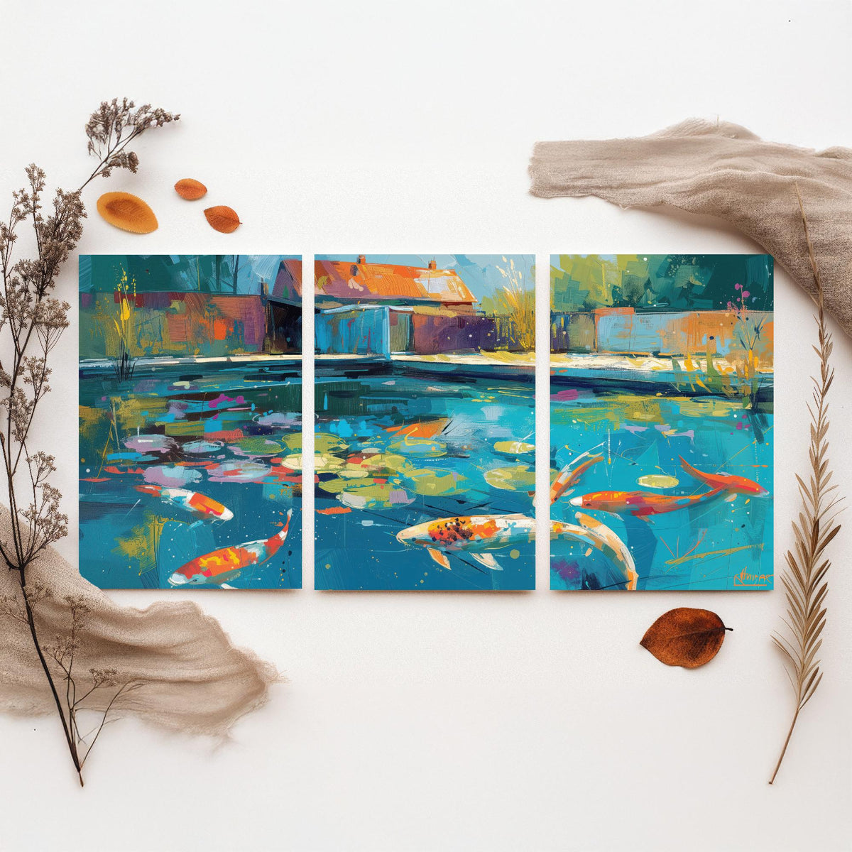 Koi Pond Set of Three Art Prints - 3 Japanese Fish Painting Posters - Colourful Wall Art Gift Water Garden Zen Brushstroke Nature Decor