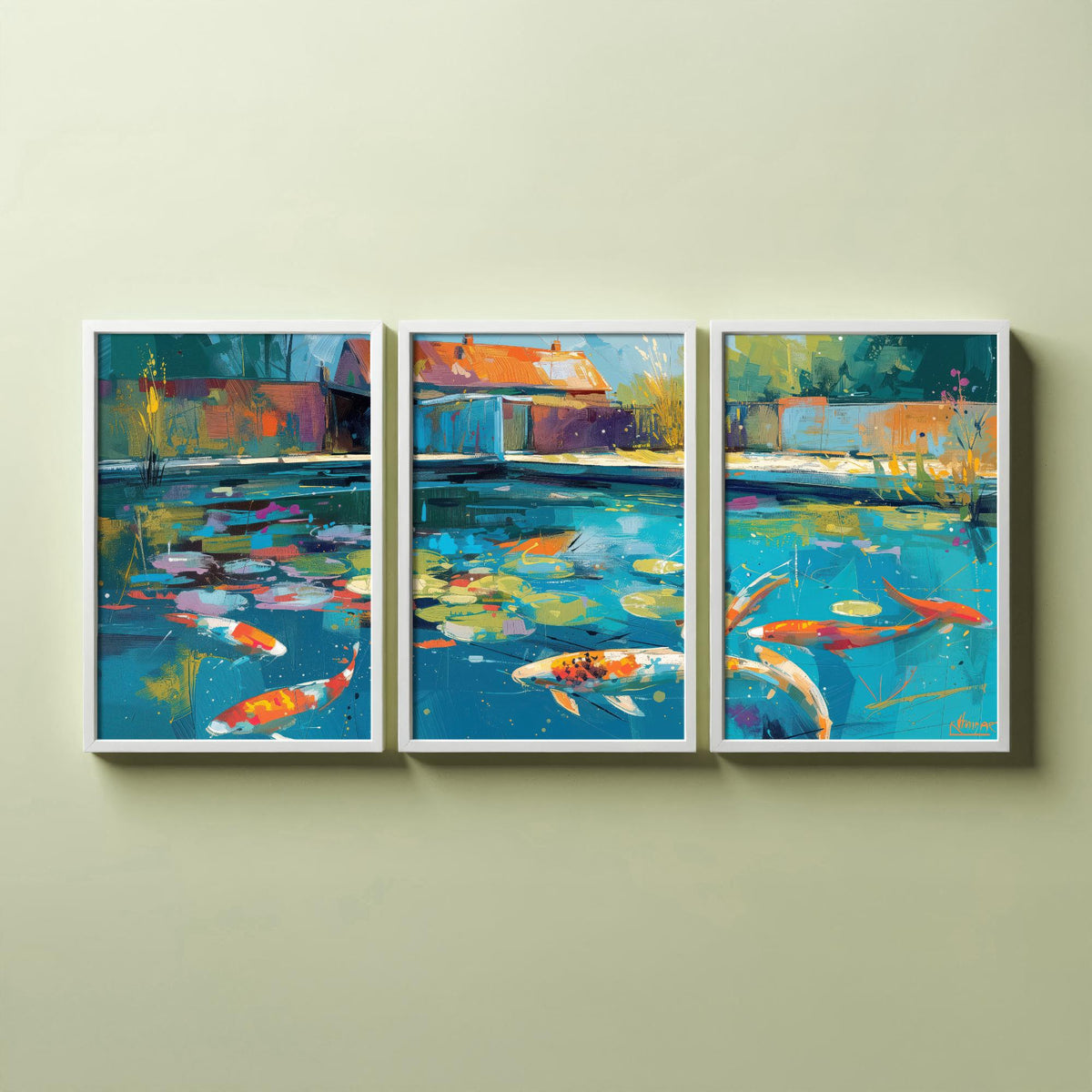 Koi Pond Set of Three Art Prints - 3 Japanese Fish Painting Posters - Colourful Wall Art Gift Water Garden Zen Brushstroke Nature Decor