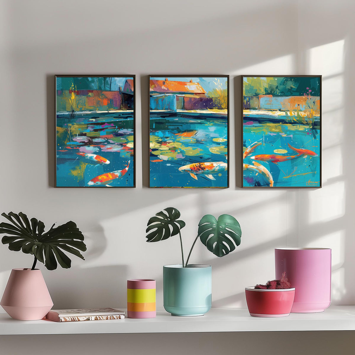 Koi Pond Set of Three Art Prints - 3 Japanese Fish Painting Posters - Colourful Wall Art Gift Water Garden Zen Brushstroke Nature Decor