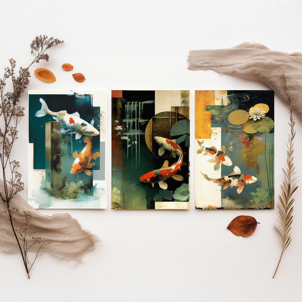 Koi Pond Collage Set of Three Art Prints - Japanese Koi Fish with Lily Pads - Modern Collage Illustration Poster