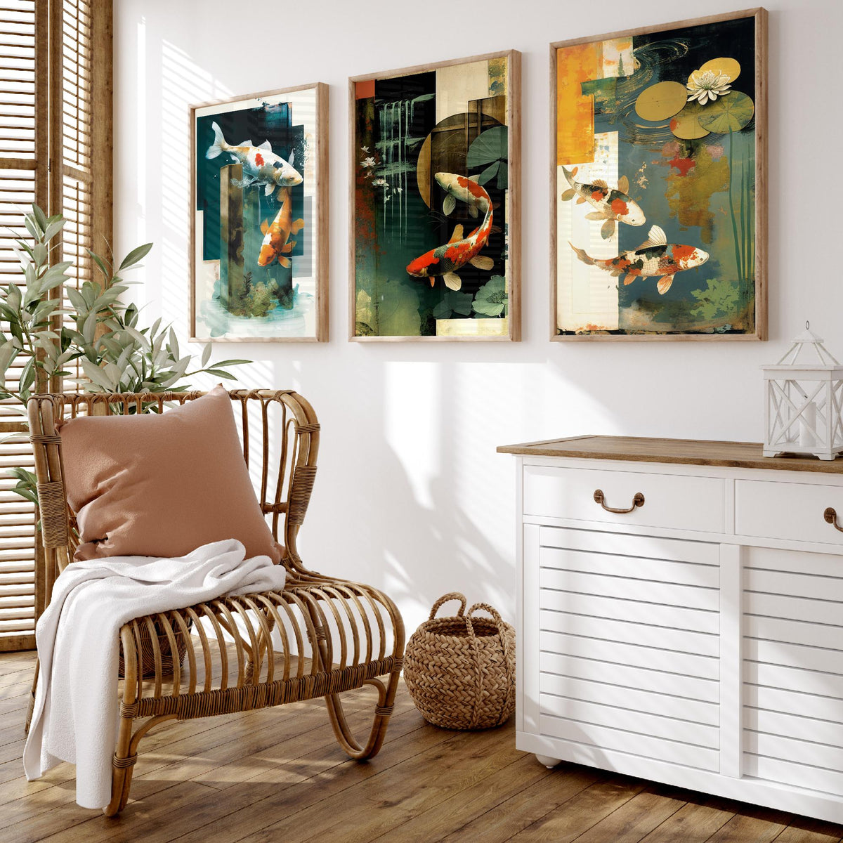 Koi Pond Collage Set of Three Art Prints - Japanese Koi Fish with Lily Pads - Modern Collage Illustration Poster
