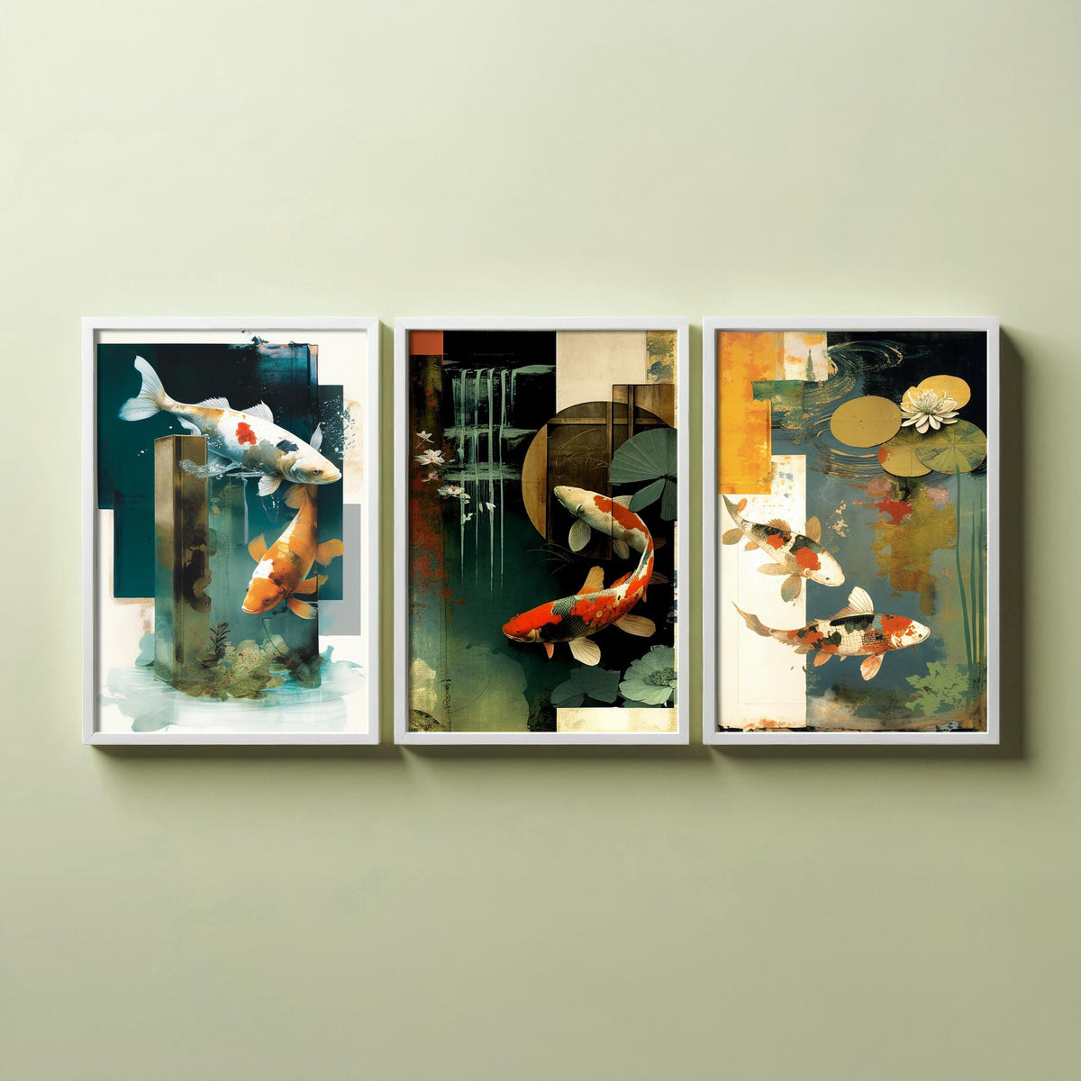 Koi Pond Collage Set of Three Art Prints - Japanese Koi Fish with Lily Pads - Modern Collage Illustration Poster