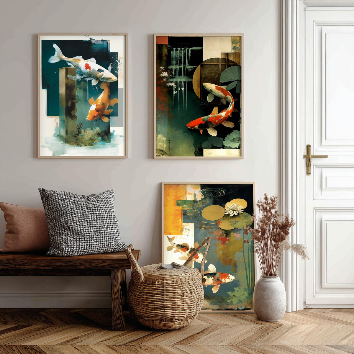 Koi Pond Collage Set of Three Art Prints - Japanese Koi Fish with Lily Pads - Modern Collage Illustration Poster