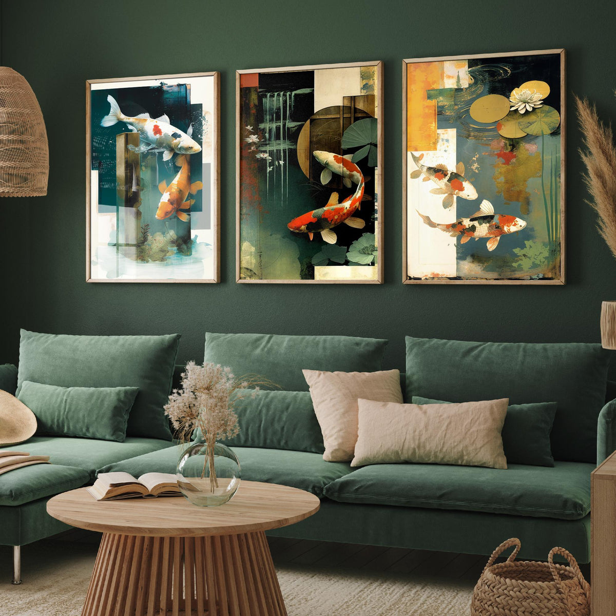 Koi Pond Collage Set of Three Art Prints - Japanese Koi Fish with Lily Pads - Modern Collage Illustration Poster