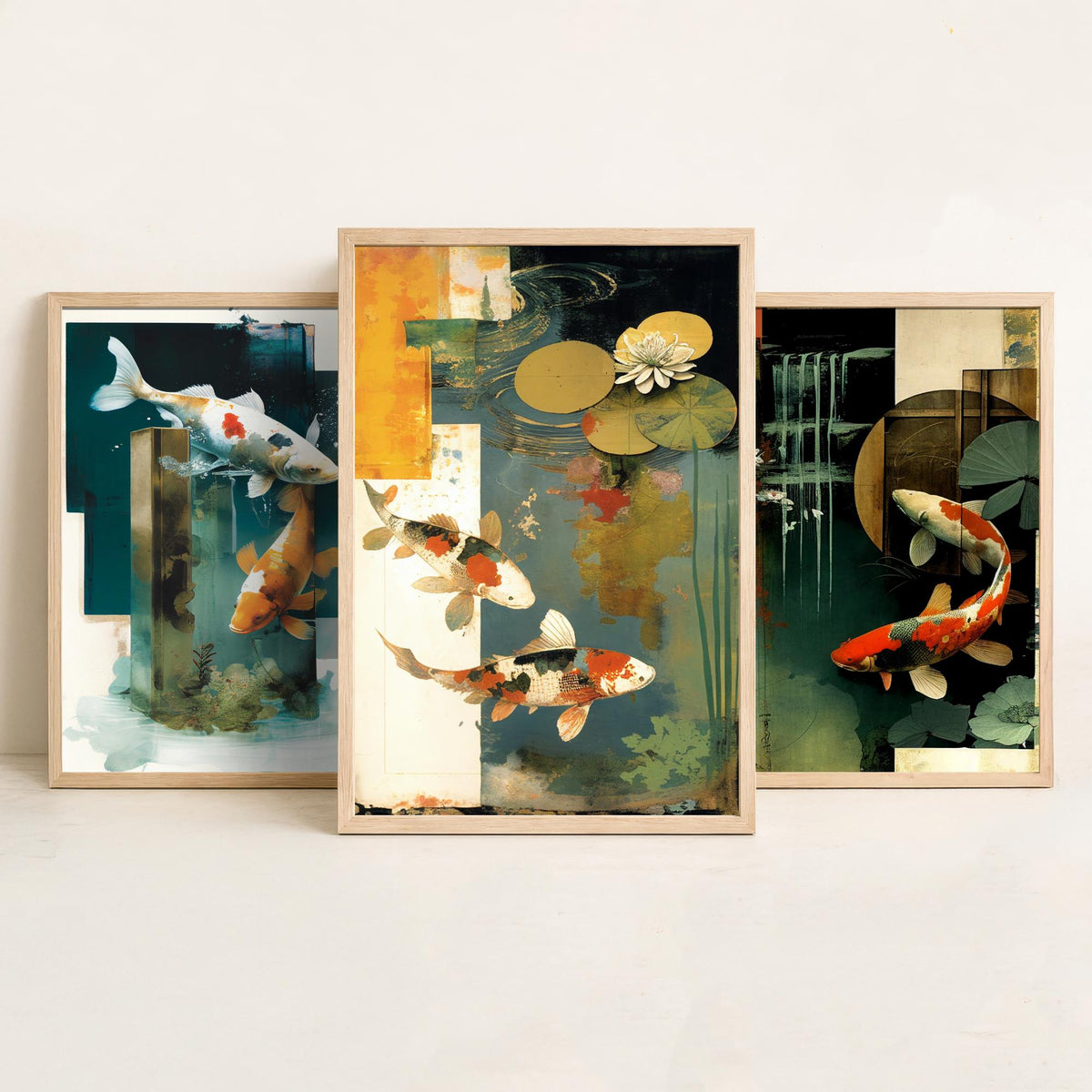 Koi Pond Collage Set of Three Art Prints - Japanese Koi Fish with Lily Pads - Modern Collage Illustration Poster