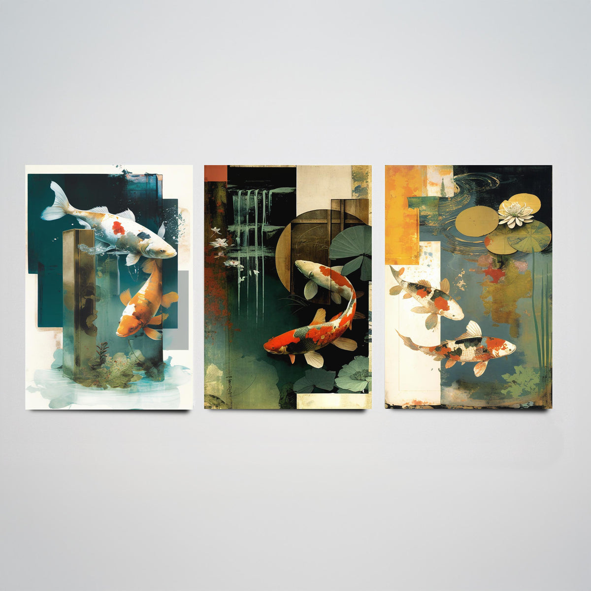 Koi Pond Collage Set of Three Art Prints - Japanese Koi Fish with Lily Pads - Modern Collage Illustration Poster