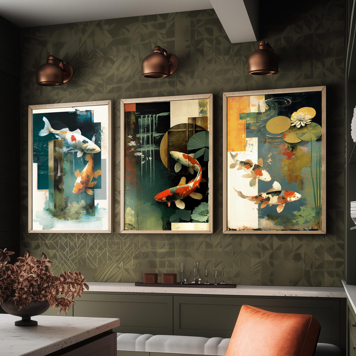 Koi Pond Collage Set of Three Art Prints - Japanese Koi Fish with Lily Pads - Modern Collage Illustration Poster