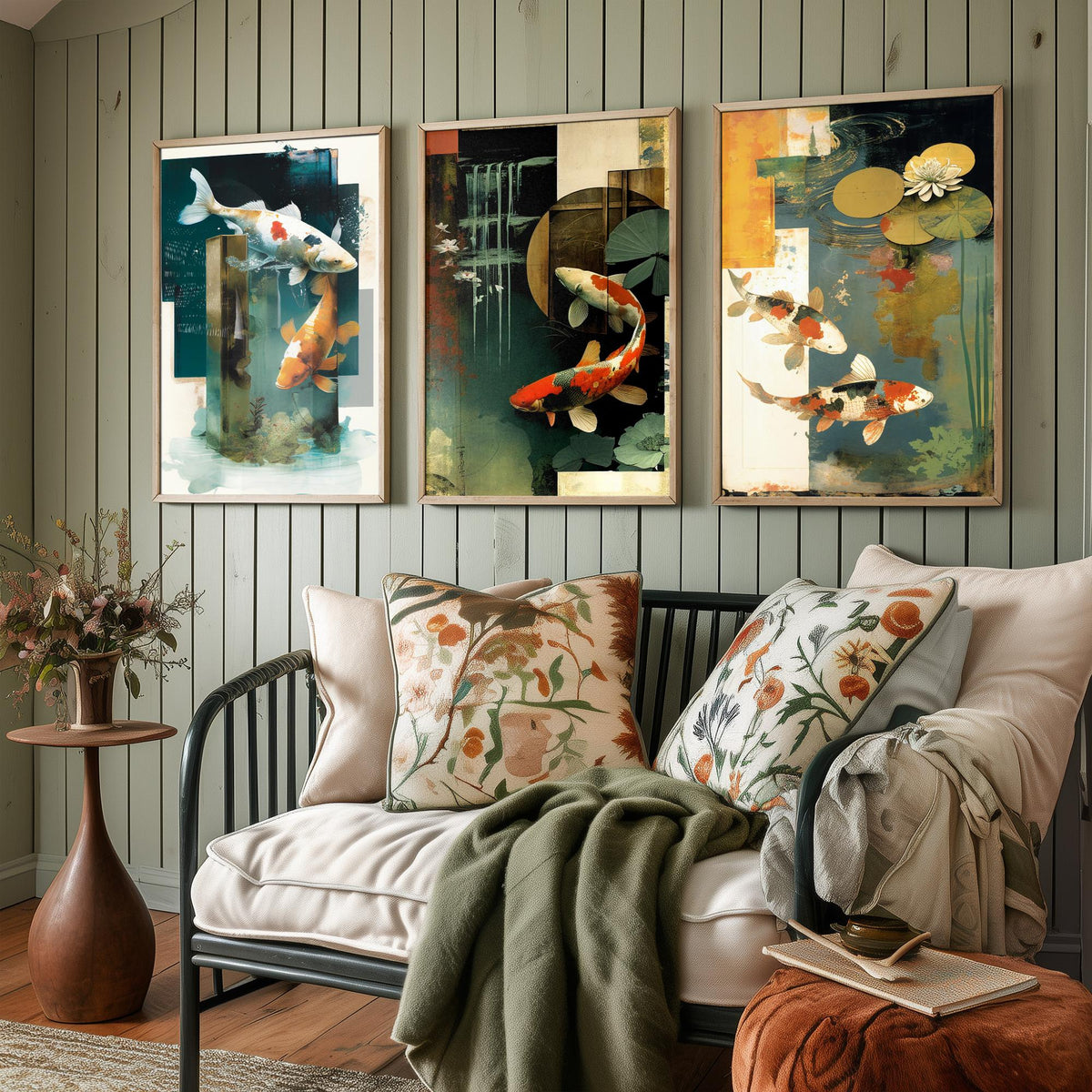 Koi Pond Collage Set of Three Art Prints - Japanese Koi Fish with Lily Pads - Modern Collage Illustration Poster