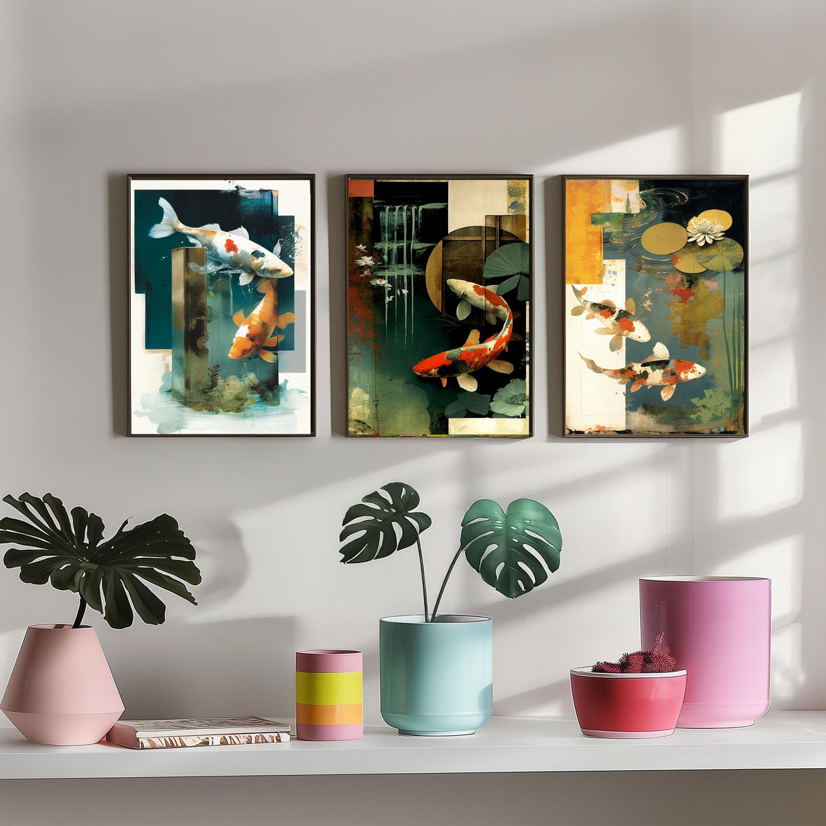 Koi Pond Collage Set of Three Art Prints - Japanese Koi Fish with Lily Pads - Modern Collage Illustration Poster