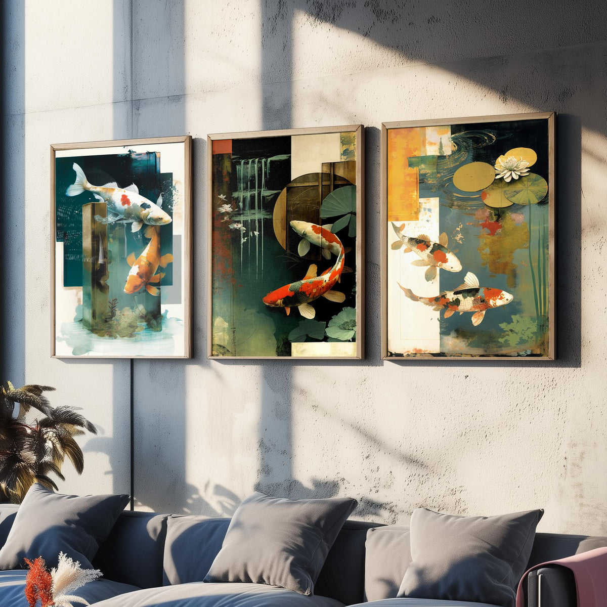 Koi Pond Collage Set of Three Art Prints - Japanese Koi Fish with Lily Pads - Modern Collage Illustration Poster