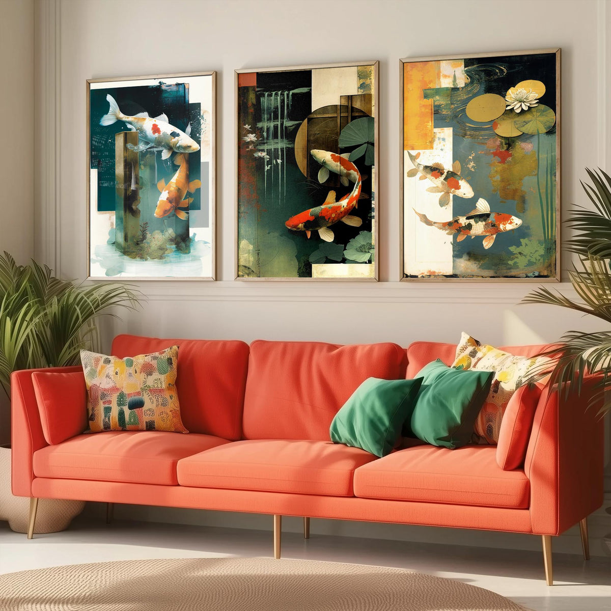 Koi Pond Collage Set of Three Art Prints - Japanese Koi Fish with Lily Pads - Modern Collage Illustration Poster