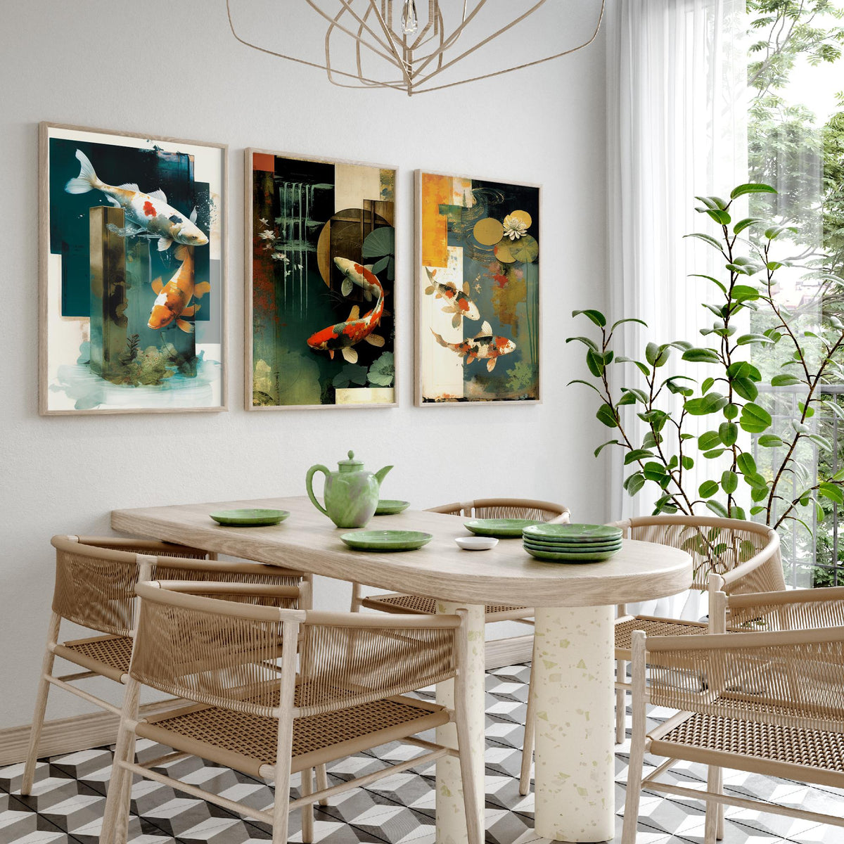Koi Pond Collage Set of Three Art Prints - Japanese Koi Fish with Lily Pads - Modern Collage Illustration Poster