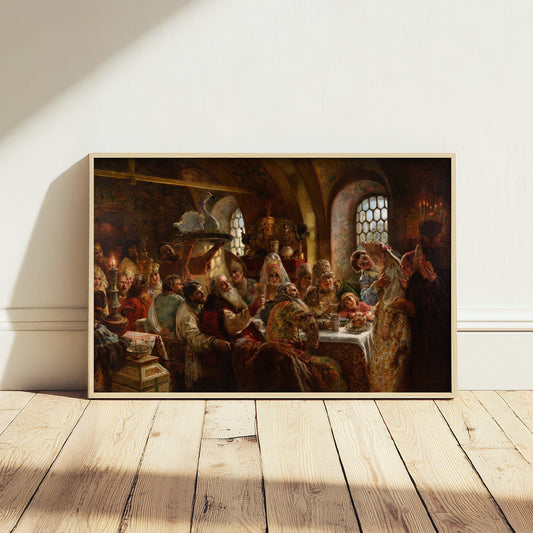 Konstantin Makovsky - A Boyar Wedding Feast (1883) - Classic Painting Art Print - Russian Bride Groom Kiss Candlelit Banquet Poster