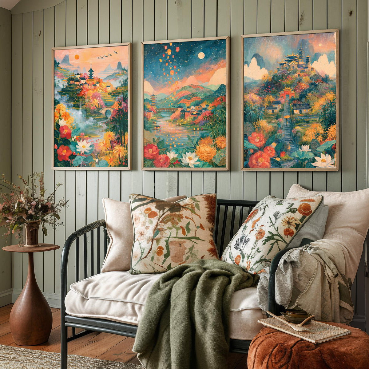 Kyoto Japan Set of Three Art Prints - Arashiyama, Nara, Nikko - Pagoda Temple Sky Lantern Paintings - Japanese Valley Folk Art Posters