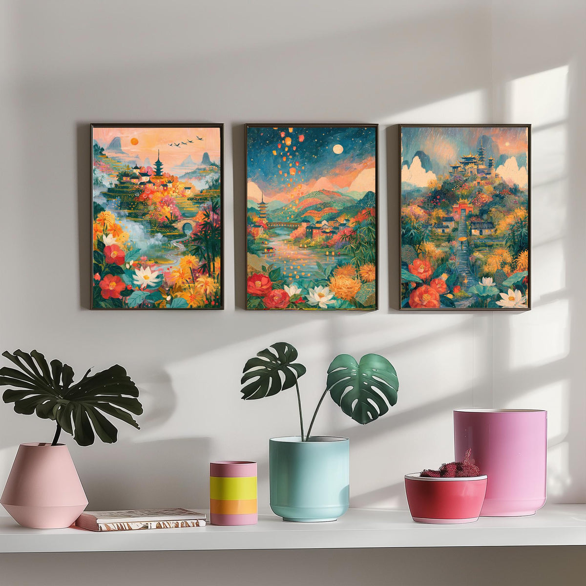 Kyoto Japan Set of Three Art Prints - Arashiyama, Nara, Nikko - Pagoda Temple Sky Lantern Paintings - Japanese Valley Folk Art Posters