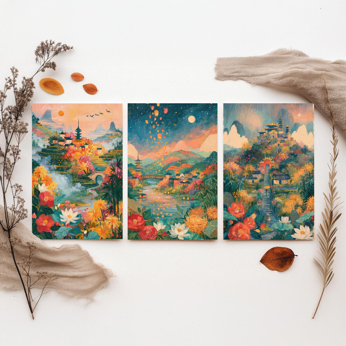 Kyoto Japan Set of Three Art Prints - Arashiyama, Nara, Nikko - Pagoda Temple Sky Lantern Paintings - Japanese Valley Folk Art Posters