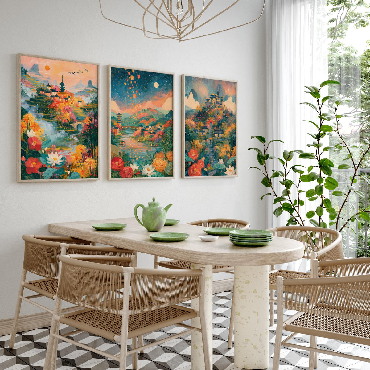 Kyoto Japan Set of Three Art Prints - Arashiyama, Nara, Nikko - Pagoda Temple Sky Lantern Paintings - Japanese Valley Folk Art Posters