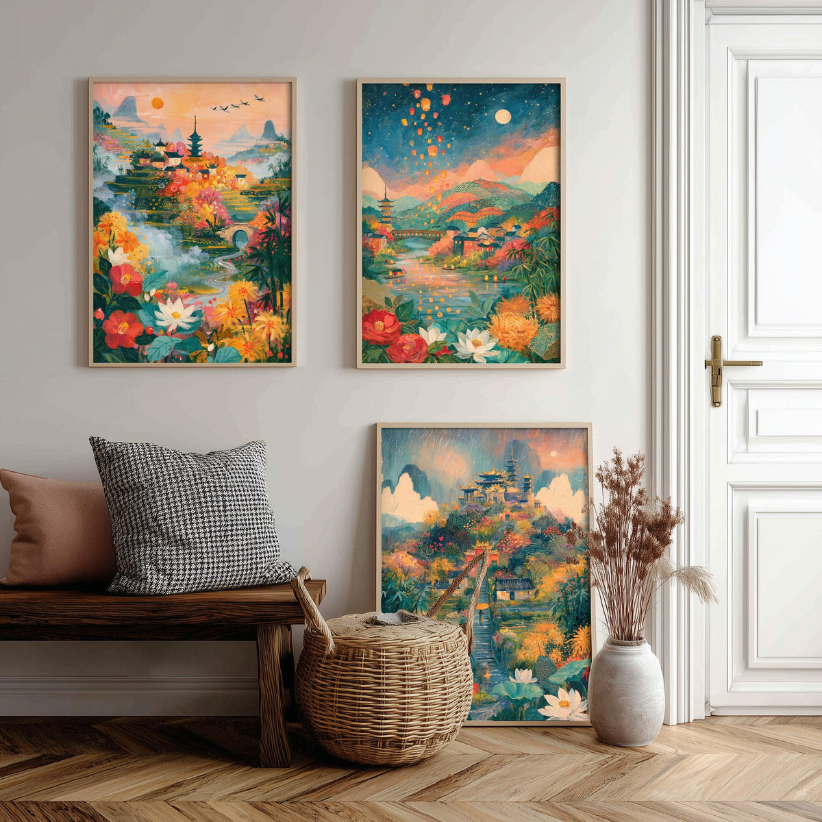 Kyoto Japan Set of Three Art Prints - Arashiyama, Nara, Nikko - Pagoda Temple Sky Lantern Paintings - Japanese Valley Folk Art Posters