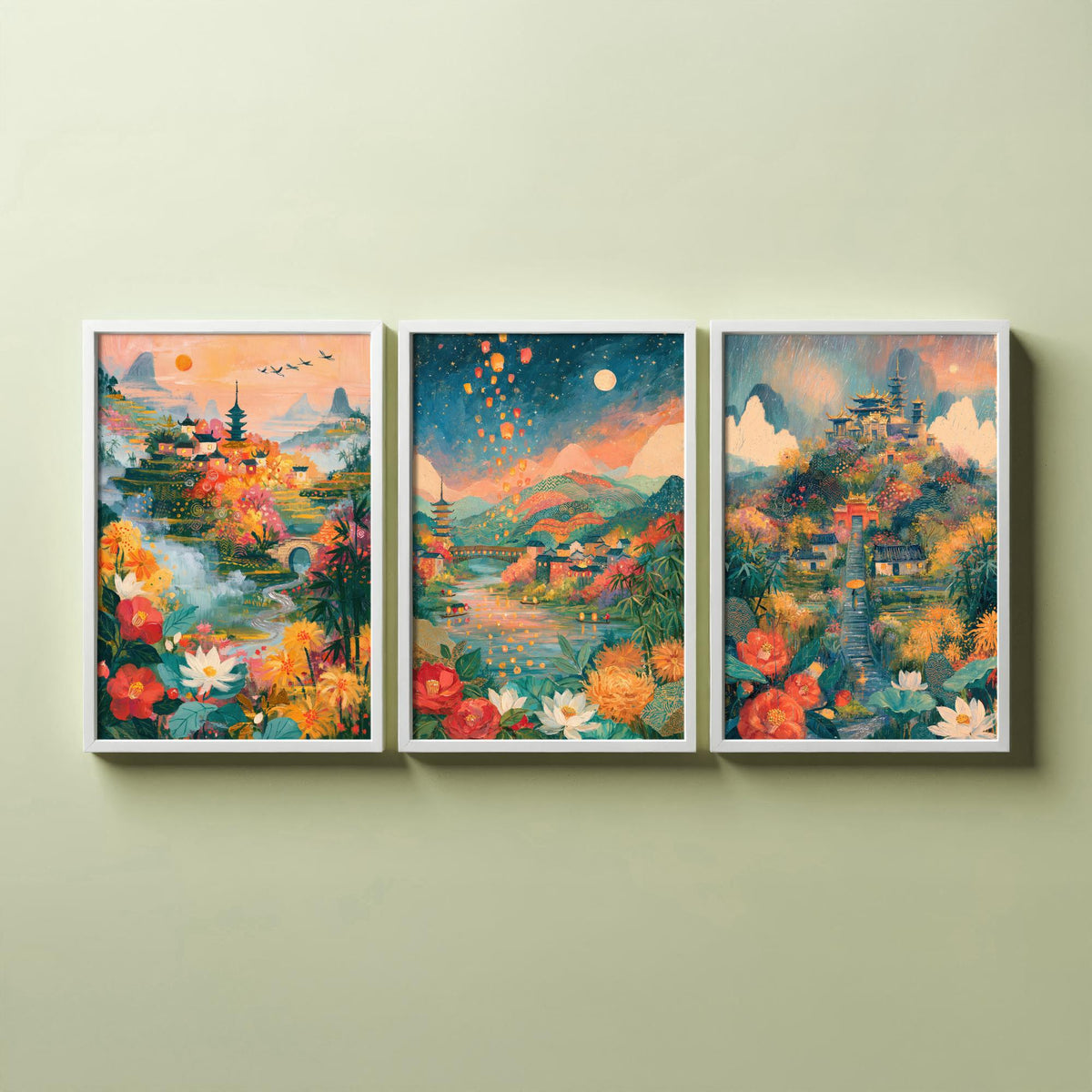 Kyoto Japan Set of Three Art Prints - Arashiyama, Nara, Nikko - Pagoda Temple Sky Lantern Paintings - Japanese Valley Folk Art Posters
