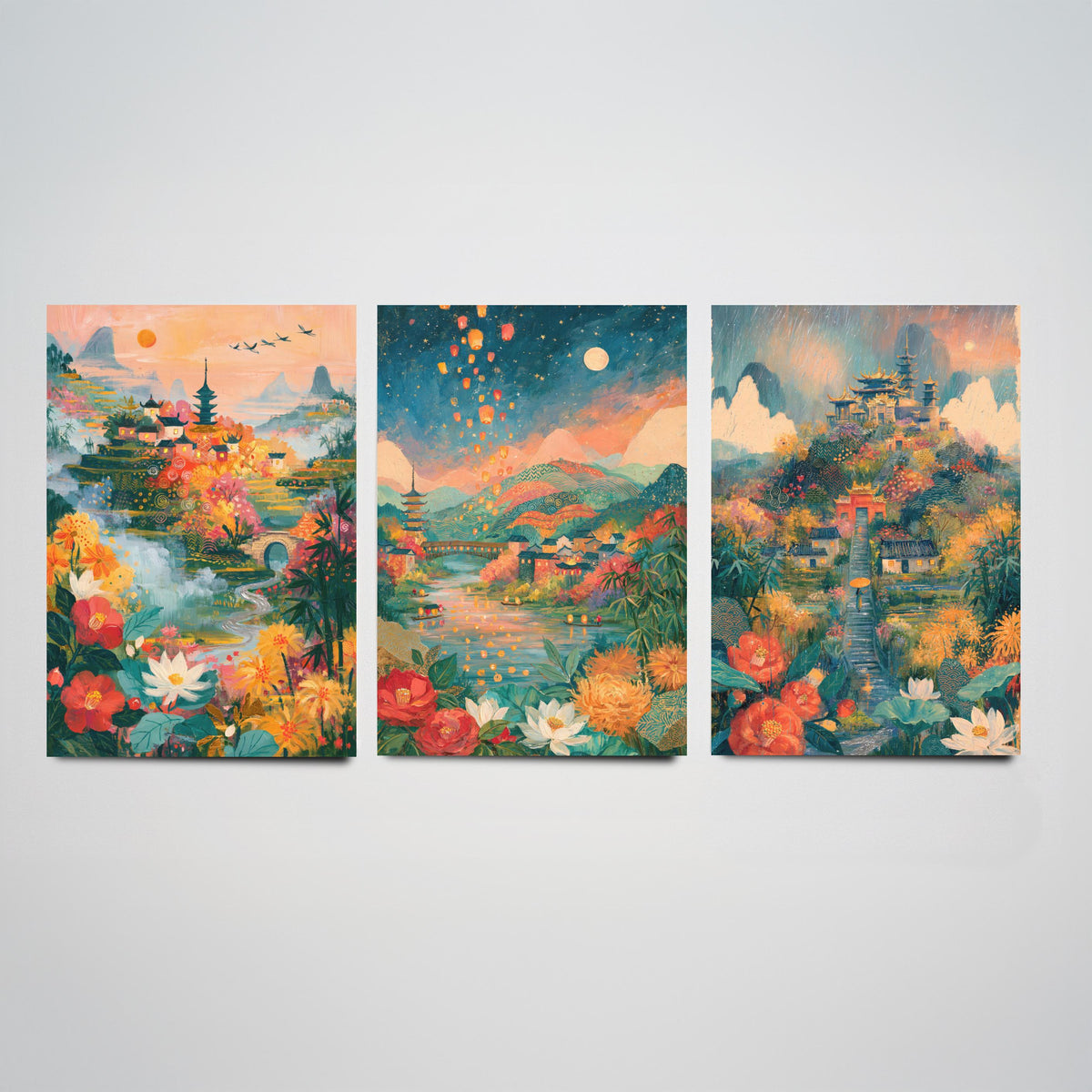 Kyoto Japan Set of Three Art Prints - Arashiyama, Nara, Nikko - Pagoda Temple Sky Lantern Paintings - Japanese Valley Folk Art Posters