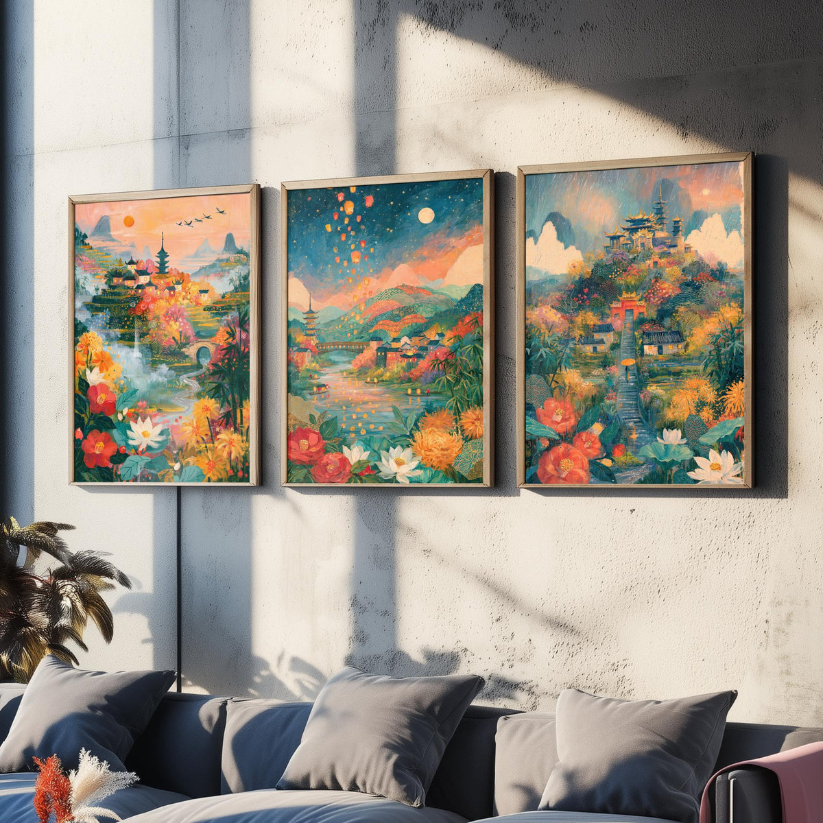 Kyoto Japan Set of Three Art Prints - Arashiyama, Nara, Nikko - Pagoda Temple Sky Lantern Paintings - Japanese Valley Folk Art Posters