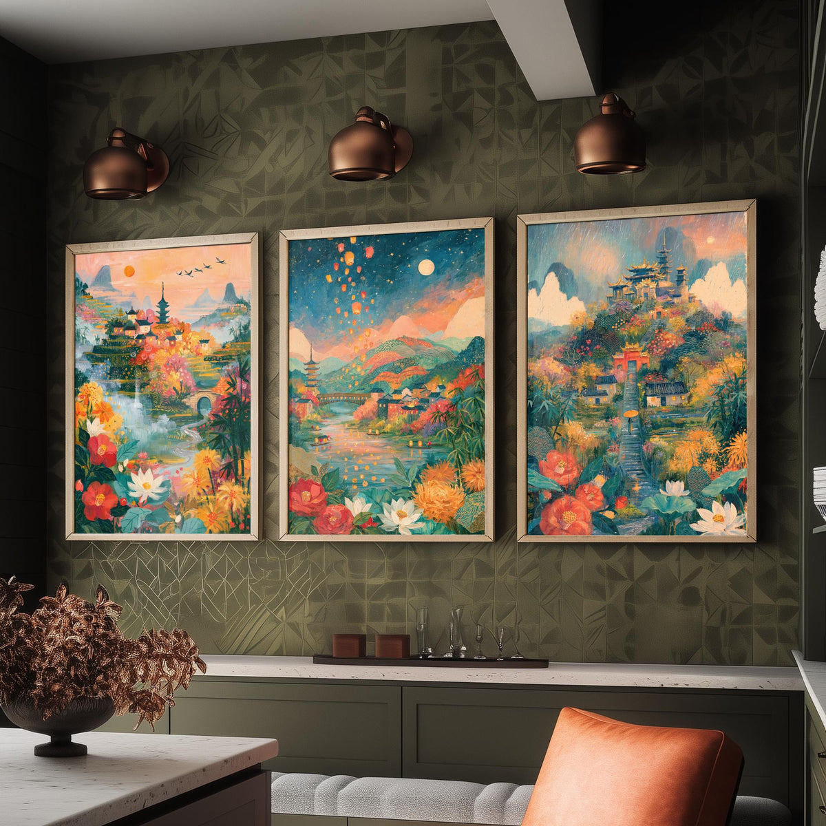 Kyoto Japan Set of Three Art Prints - Arashiyama, Nara, Nikko - Pagoda Temple Sky Lantern Paintings - Japanese Valley Folk Art Posters
