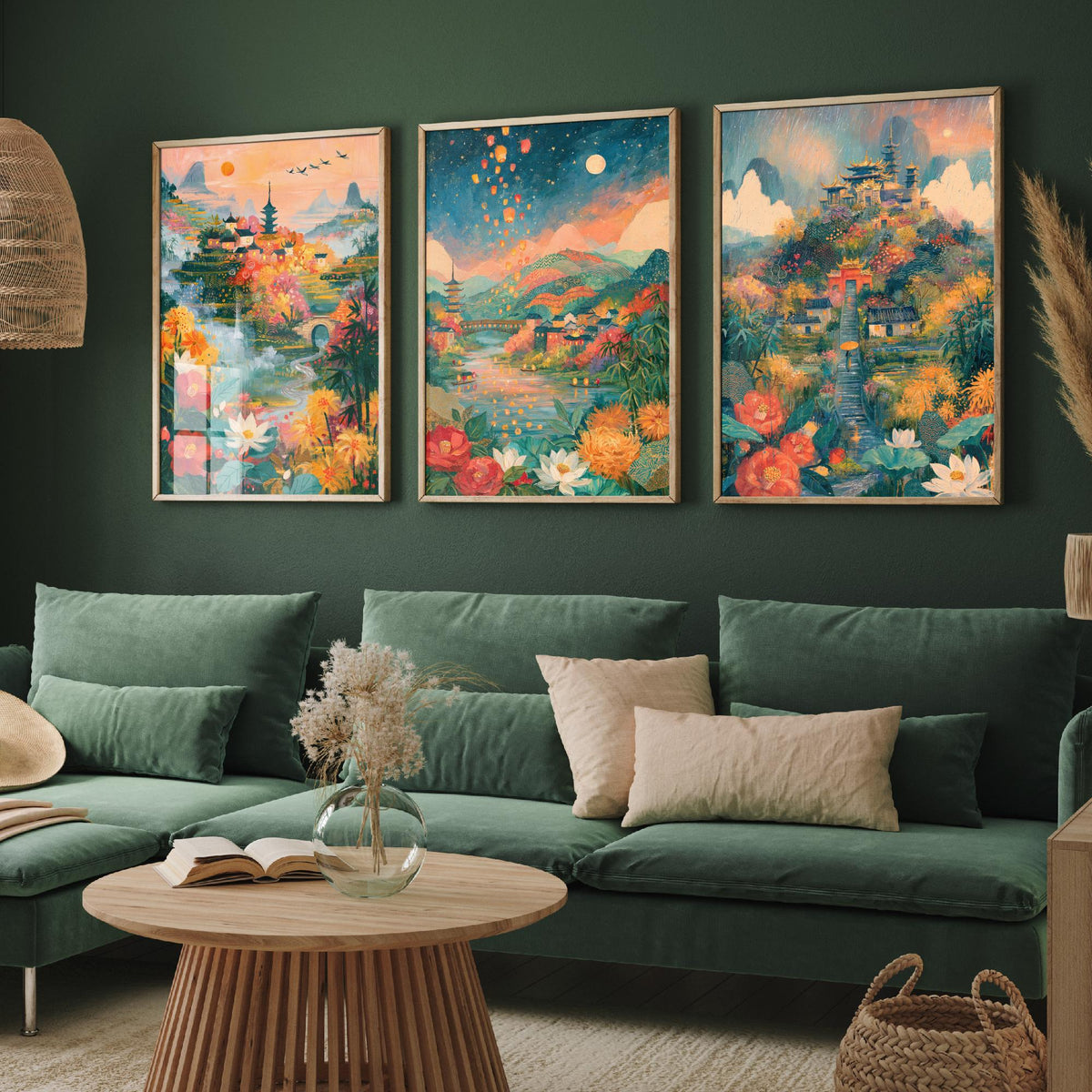 Kyoto Japan Set of Three Art Prints - Arashiyama, Nara, Nikko - Pagoda Temple Sky Lantern Paintings - Japanese Valley Folk Art Posters