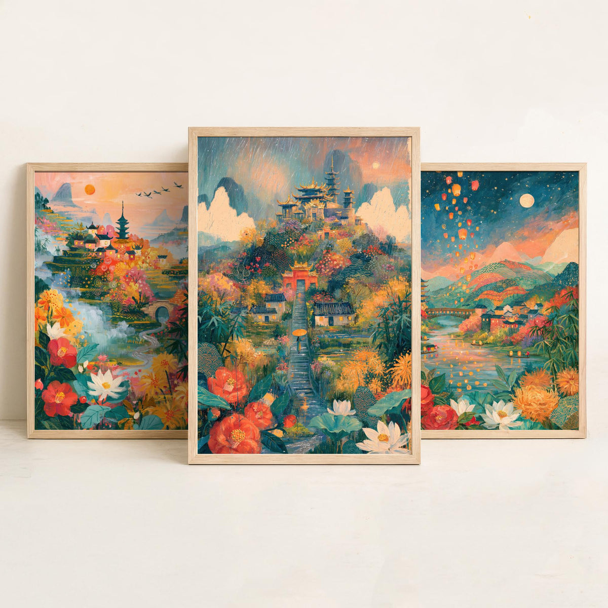 Kyoto Japan Set of Three Art Prints - Arashiyama, Nara, Nikko - Pagoda Temple Sky Lantern Paintings - Japanese Valley Folk Art Posters