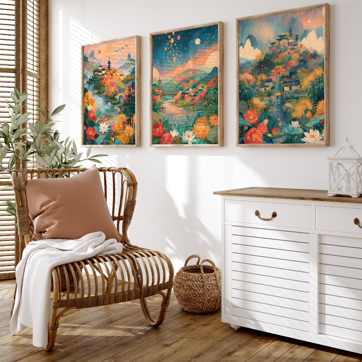 Kyoto Japan Set of Three Art Prints - Arashiyama, Nara, Nikko - Pagoda Temple Sky Lantern Paintings - Japanese Valley Folk Art Posters