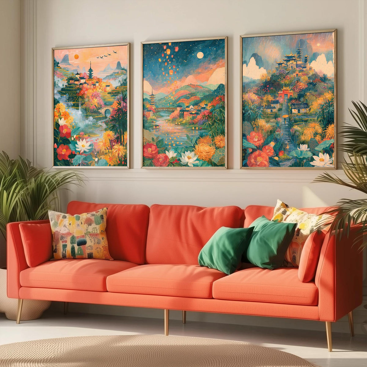 Kyoto Japan Set of Three Art Prints - Arashiyama, Nara, Nikko - Pagoda Temple Sky Lantern Paintings - Japanese Valley Folk Art Posters