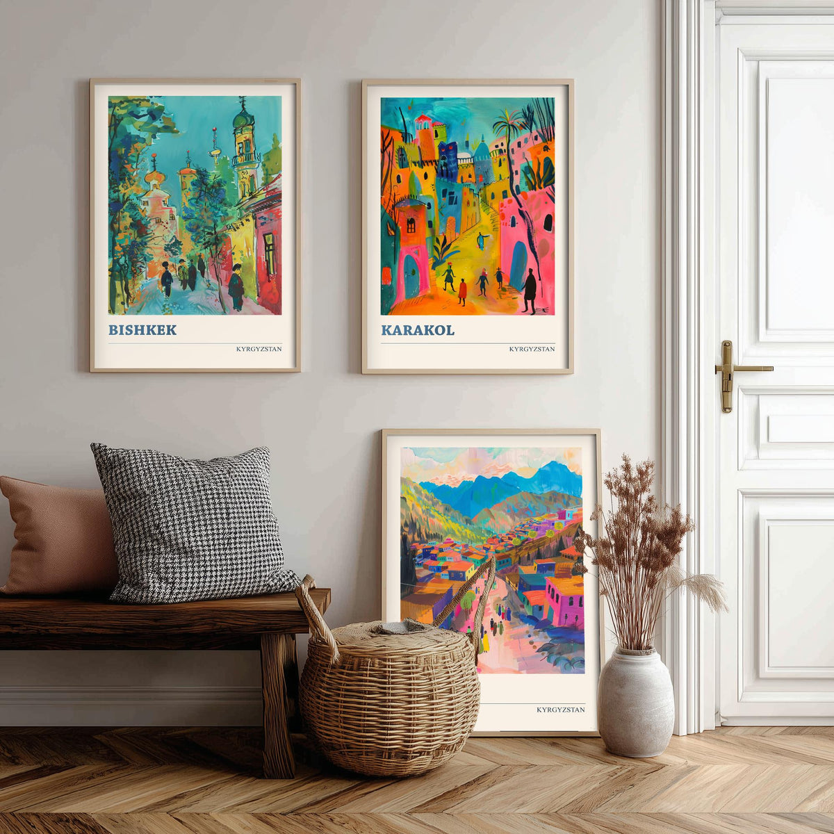 Kyrgyzstan Set of Three Prints - Bishkek Karakol Osh - 3 Folk Art Travel Posters - Central Asia Wall Art Gift Painting Mountain City Decor
