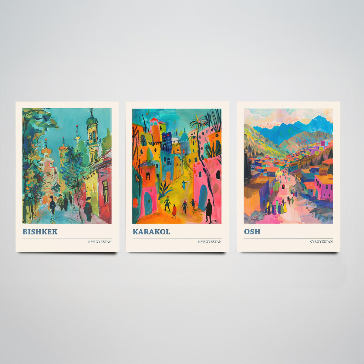 Kyrgyzstan Set of Three Prints - Bishkek Karakol Osh - 3 Folk Art Travel Posters - Central Asia Wall Art Gift Painting Mountain City Decor