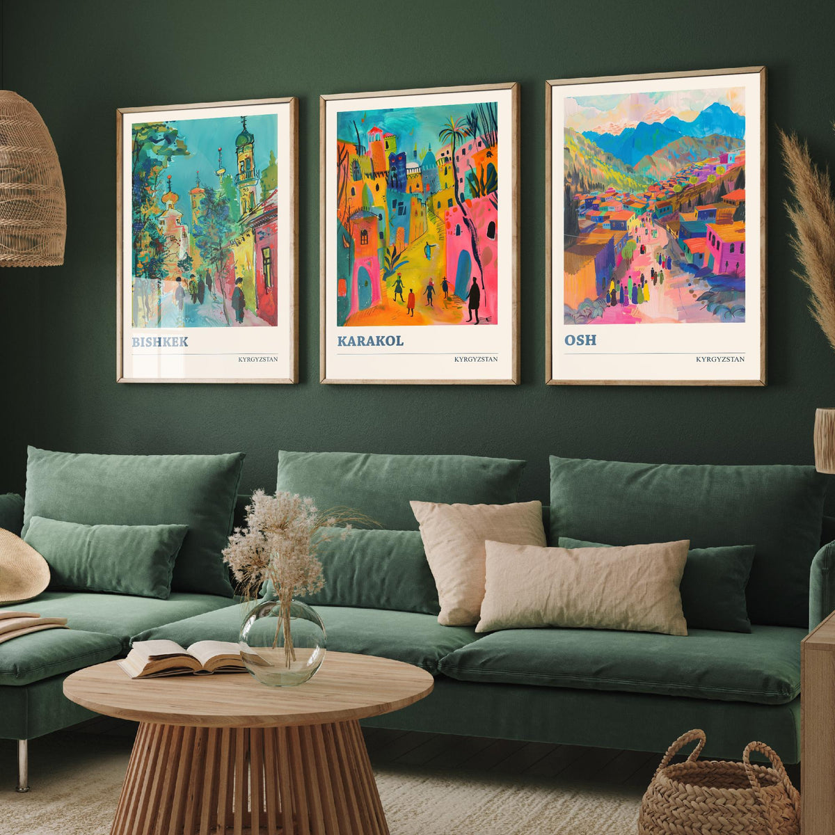 Kyrgyzstan Set of Three Prints - Bishkek Karakol Osh - 3 Folk Art Travel Posters - Central Asia Wall Art Gift Painting Mountain City Decor