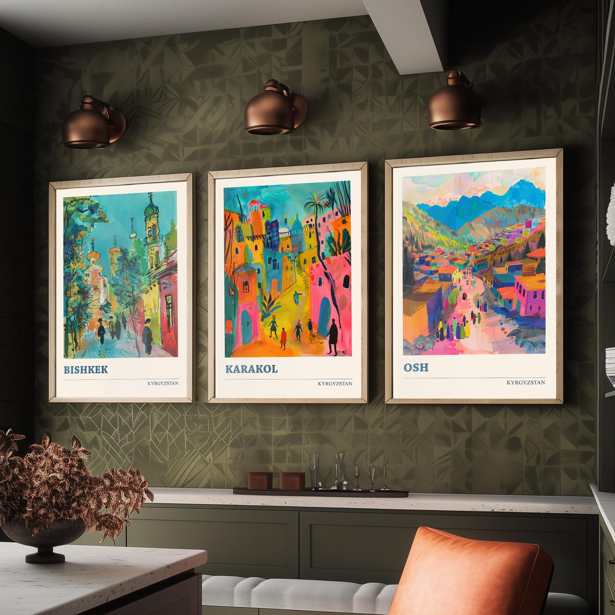 Kyrgyzstan Set of Three Prints - Bishkek Karakol Osh - 3 Folk Art Travel Posters - Central Asia Wall Art Gift Painting Mountain City Decor
