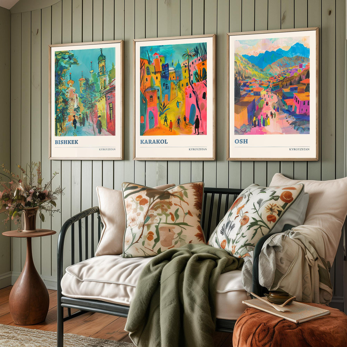 Kyrgyzstan Set of Three Prints - Bishkek Karakol Osh - 3 Folk Art Travel Posters - Central Asia Wall Art Gift Painting Mountain City Decor