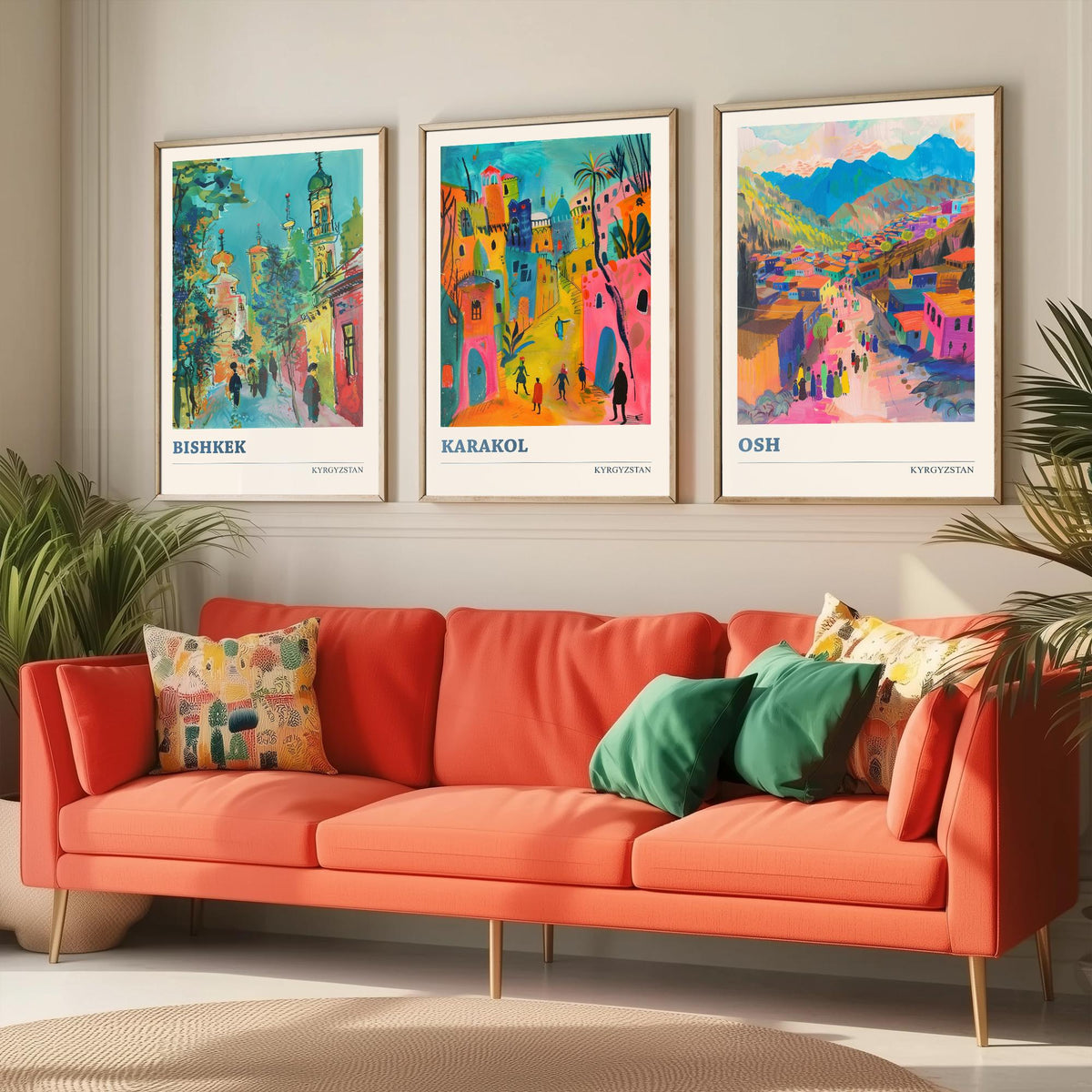 Kyrgyzstan Set of Three Prints - Bishkek Karakol Osh - 3 Folk Art Travel Posters - Central Asia Wall Art Gift Painting Mountain City Decor