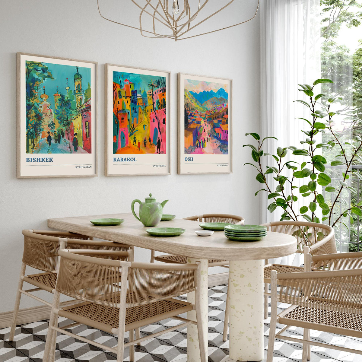 Kyrgyzstan Set of Three Prints - Bishkek Karakol Osh - 3 Folk Art Travel Posters - Central Asia Wall Art Gift Painting Mountain City Decor
