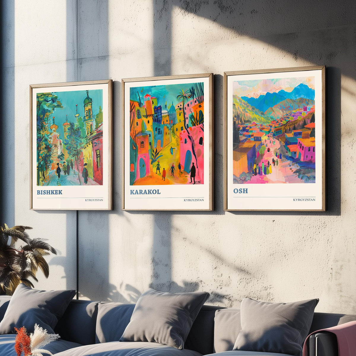 Kyrgyzstan Set of Three Prints - Bishkek Karakol Osh - 3 Folk Art Travel Posters - Central Asia Wall Art Gift Painting Mountain City Decor
