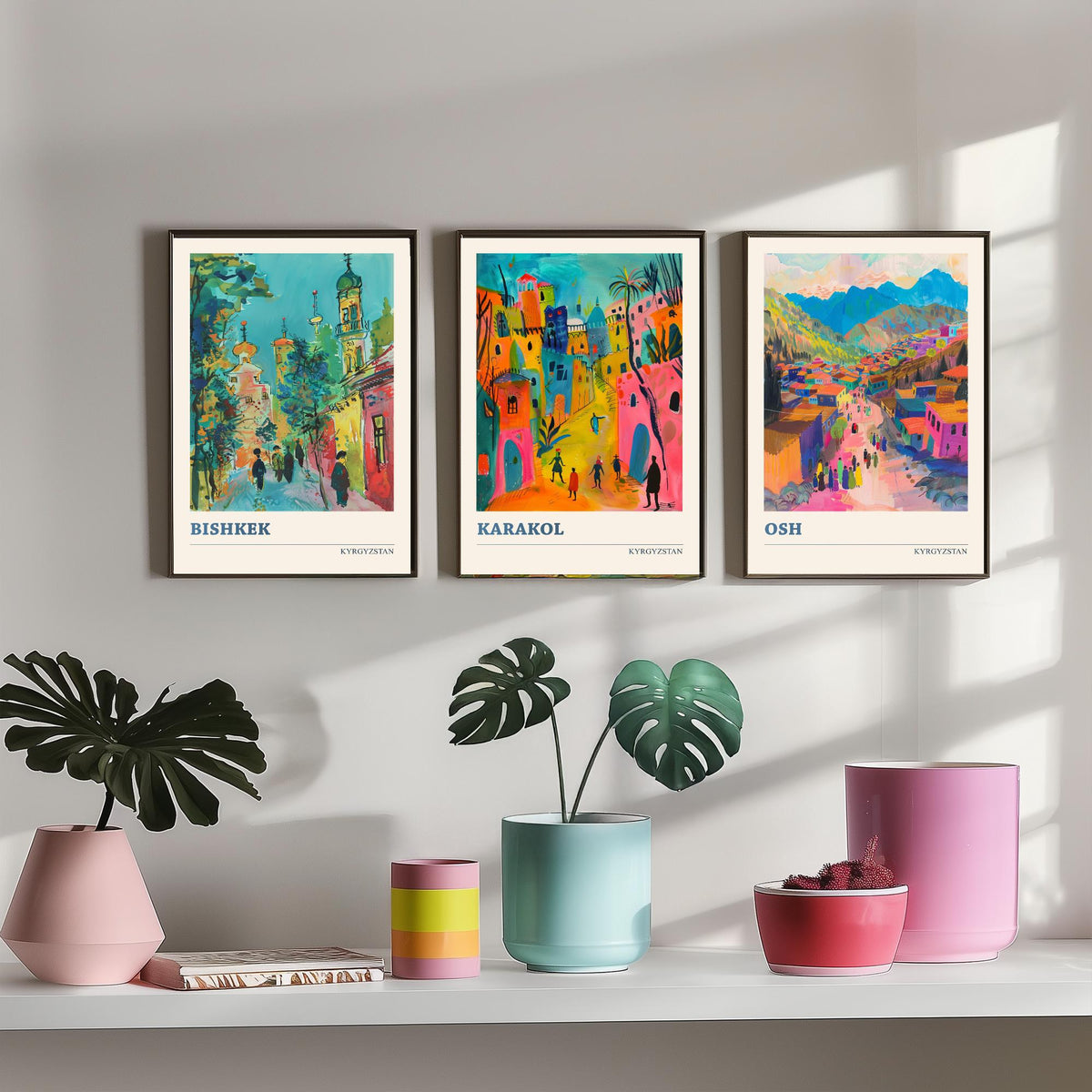 Kyrgyzstan Set of Three Prints - Bishkek Karakol Osh - 3 Folk Art Travel Posters - Central Asia Wall Art Gift Painting Mountain City Decor