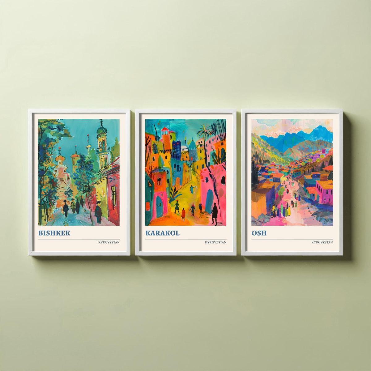 Kyrgyzstan Set of Three Prints - Bishkek Karakol Osh - 3 Folk Art Travel Posters - Central Asia Wall Art Gift Painting Mountain City Decor