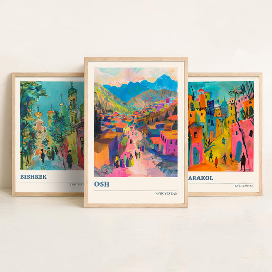 Kyrgyzstan Set of Three Prints - Bishkek Karakol Osh - 3 Folk Art Travel Posters - Central Asia Wall Art Gift Painting Mountain City Decor