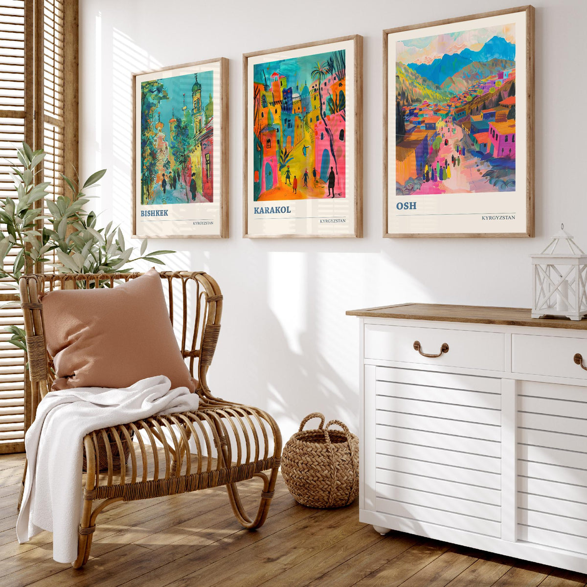 Kyrgyzstan Set of Three Prints - Bishkek Karakol Osh - 3 Folk Art Travel Posters - Central Asia Wall Art Gift Painting Mountain City Decor