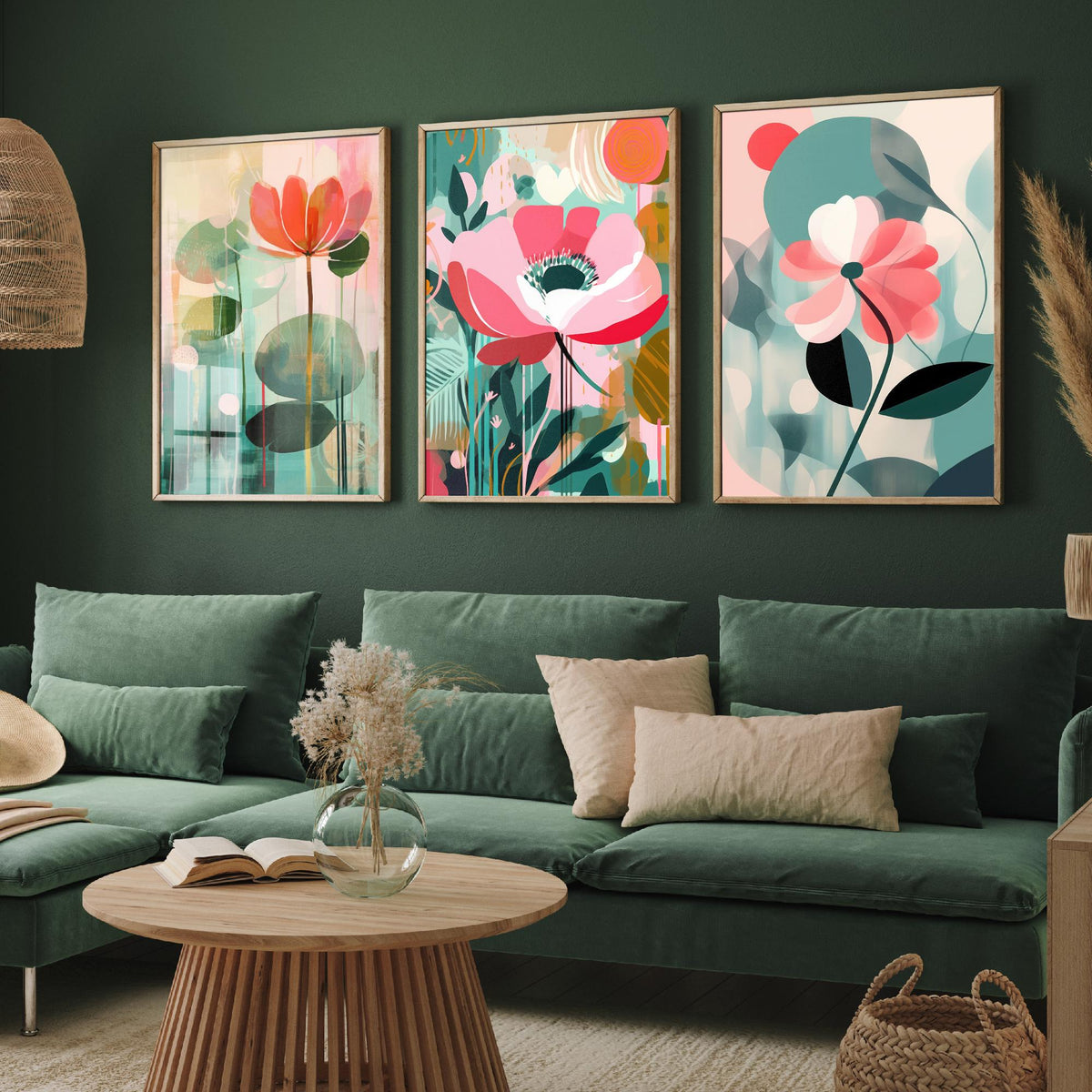 Pop Art Flowers Set of Three Art Prints - Coral, Pink and Sage Blooms - Modern Cut Out Style Poster Illustration