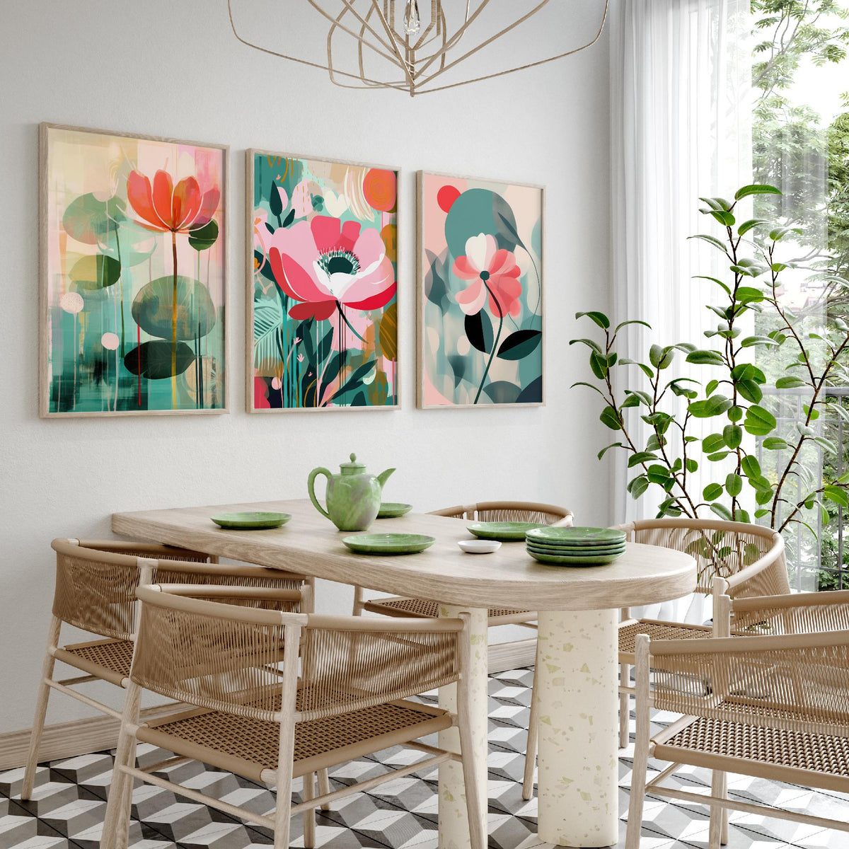 Pop Art Flowers Set of Three Art Prints - Coral, Pink and Sage Blooms - Modern Cut Out Style Poster Illustration