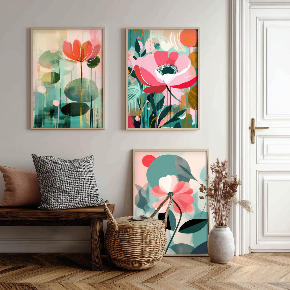 Pop Art Flowers Set of Three Art Prints - Coral, Pink and Sage Blooms - Modern Cut Out Style Poster Illustration