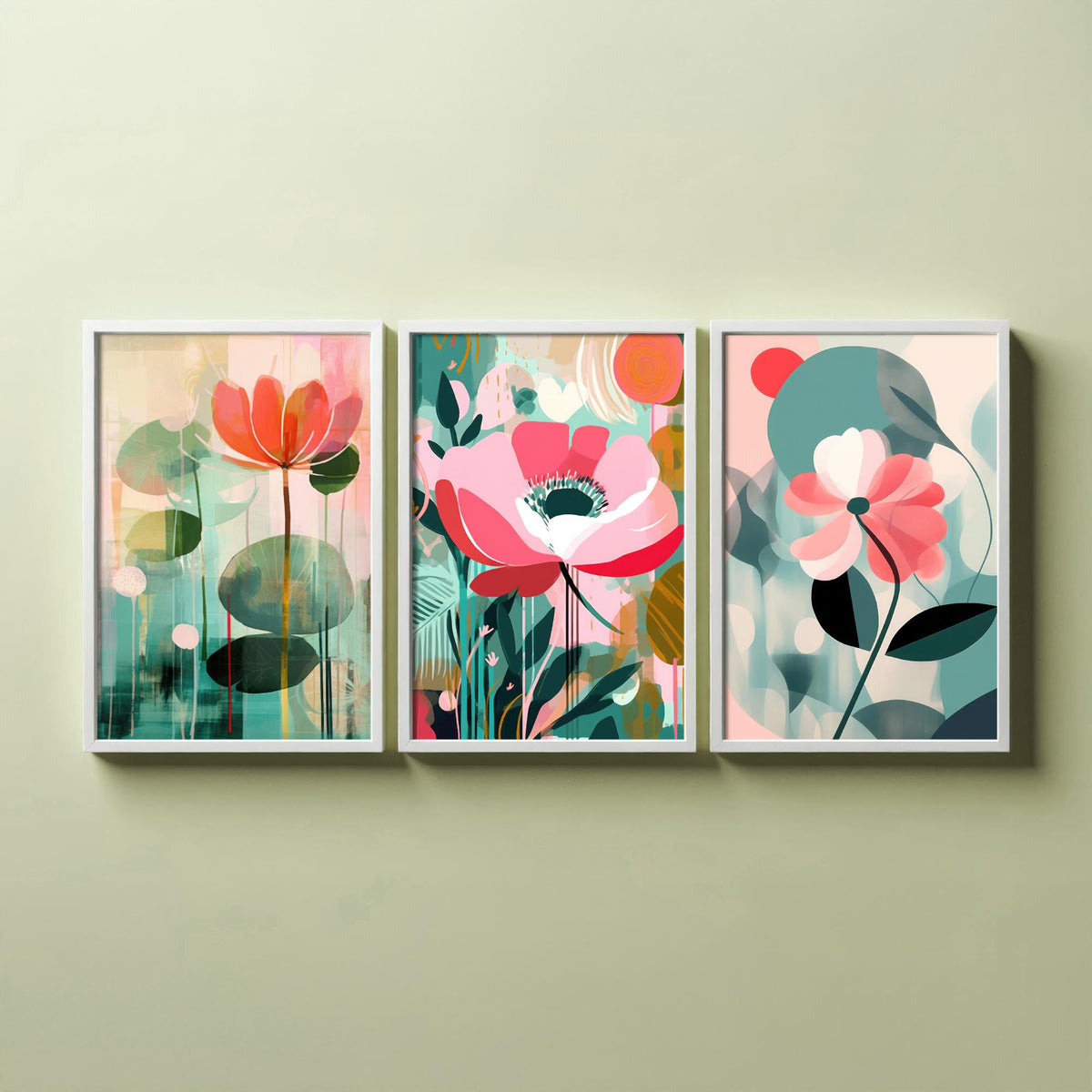 Pop Art Flowers Set of Three Art Prints - Coral, Pink and Sage Blooms - Modern Cut Out Style Poster Illustration