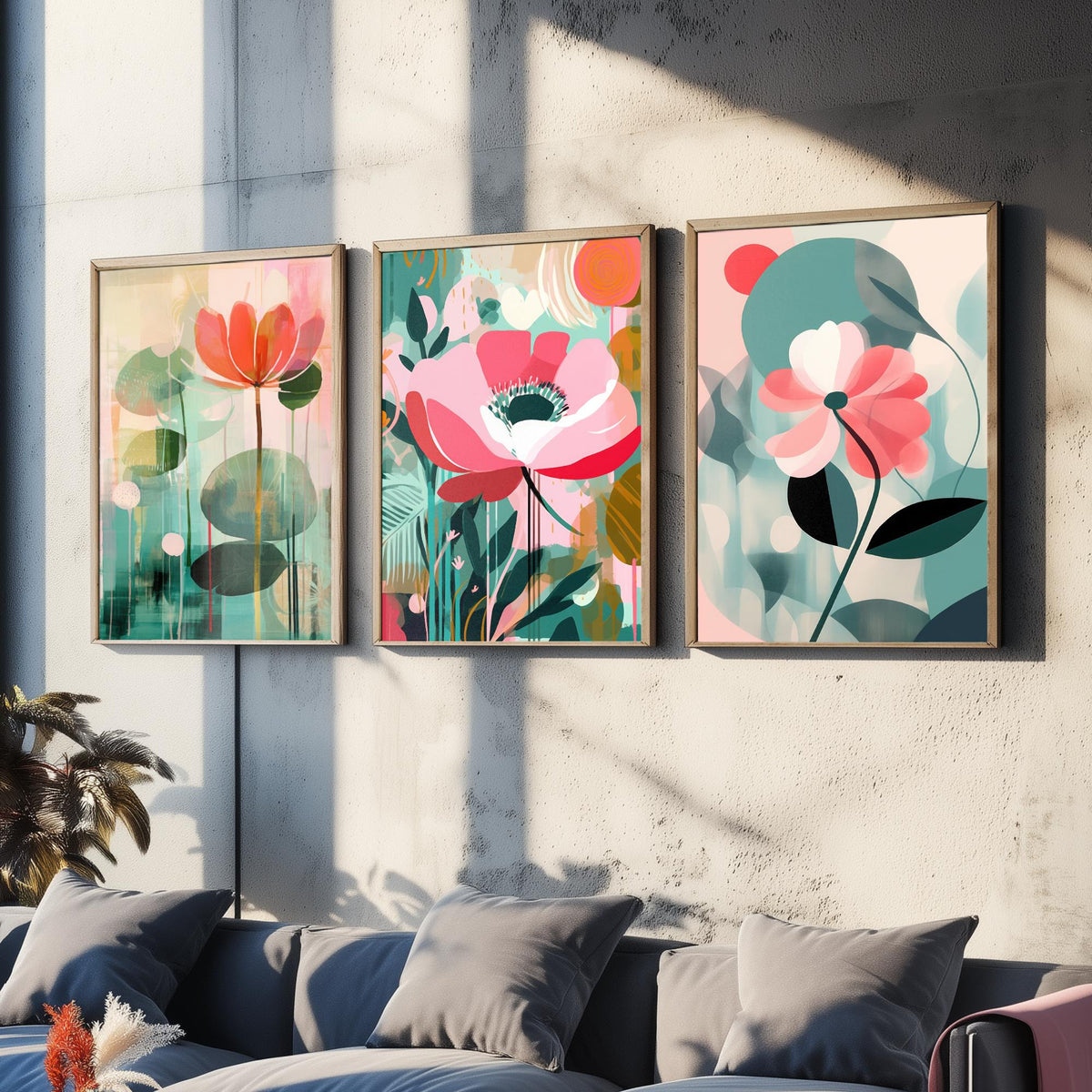 Pop Art Flowers Set of Three Art Prints - Coral, Pink and Sage Blooms - Modern Cut Out Style Poster Illustration
