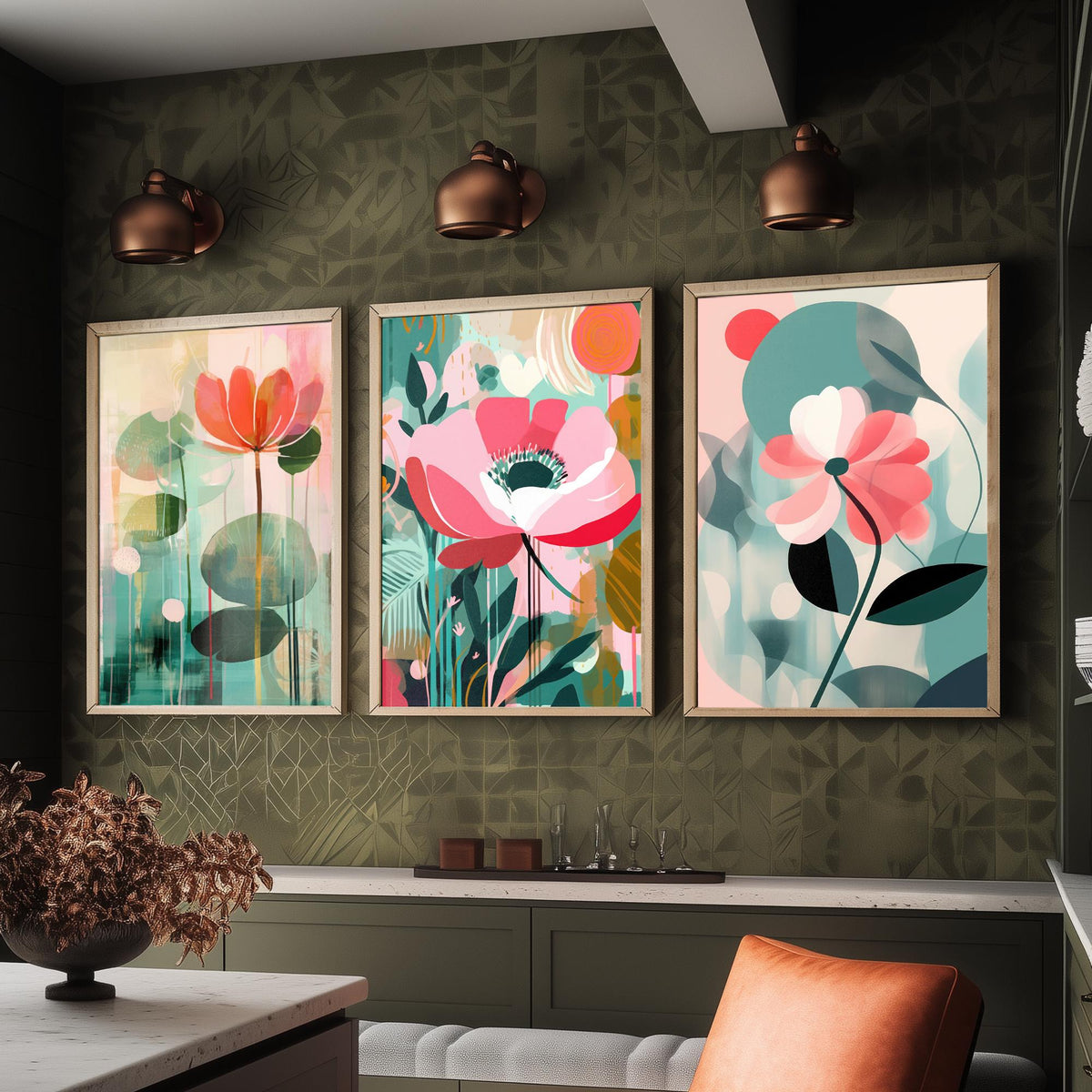 Pop Art Flowers Set of Three Art Prints - Coral, Pink and Sage Blooms - Modern Cut Out Style Poster Illustration