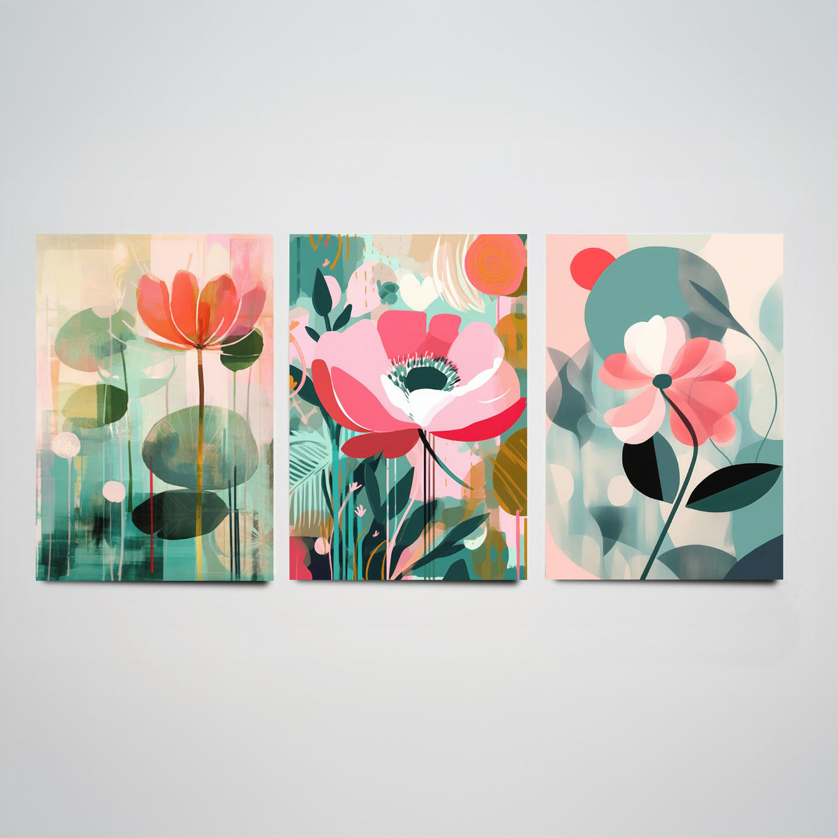 Pop Art Flowers Set of Three Art Prints - Coral, Pink and Sage Blooms - Modern Cut Out Style Poster Illustration