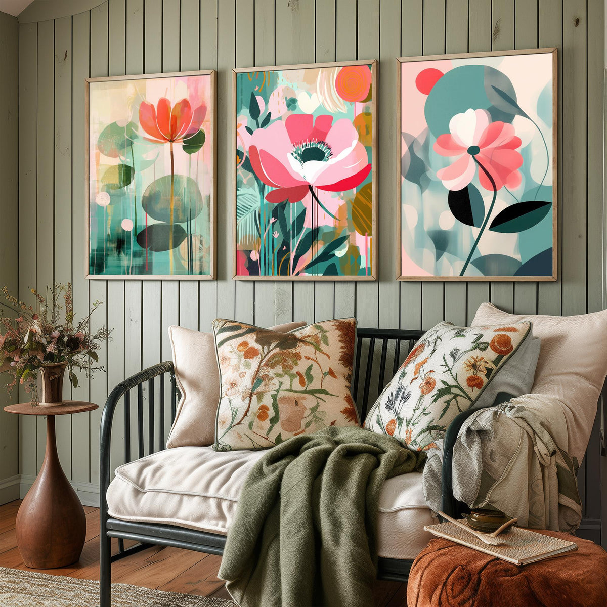Pop Art Flowers Set of Three Art Prints - Coral, Pink and Sage Blooms - Modern Cut Out Style Poster Illustration